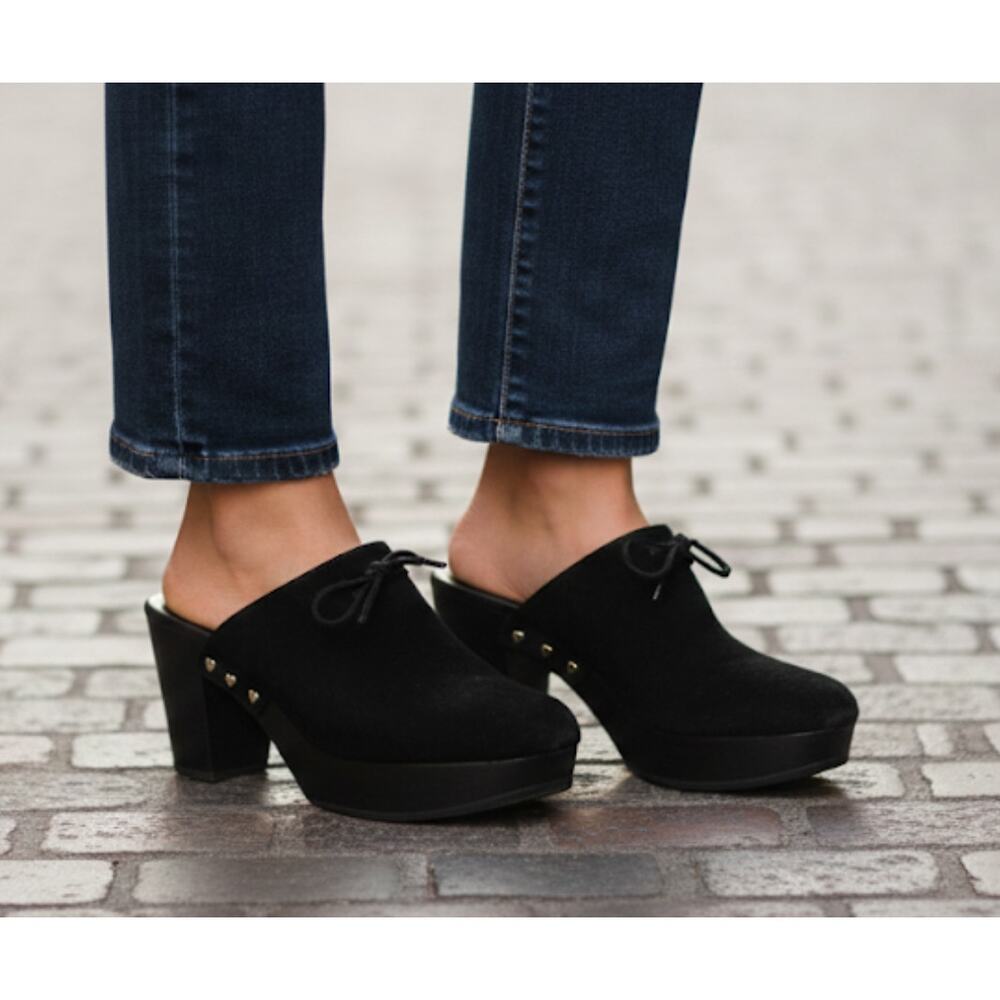 Kate Spade Amsterdam Platform Clogs Black Leather Wood Heels Size 9.5 Pre-Owned
